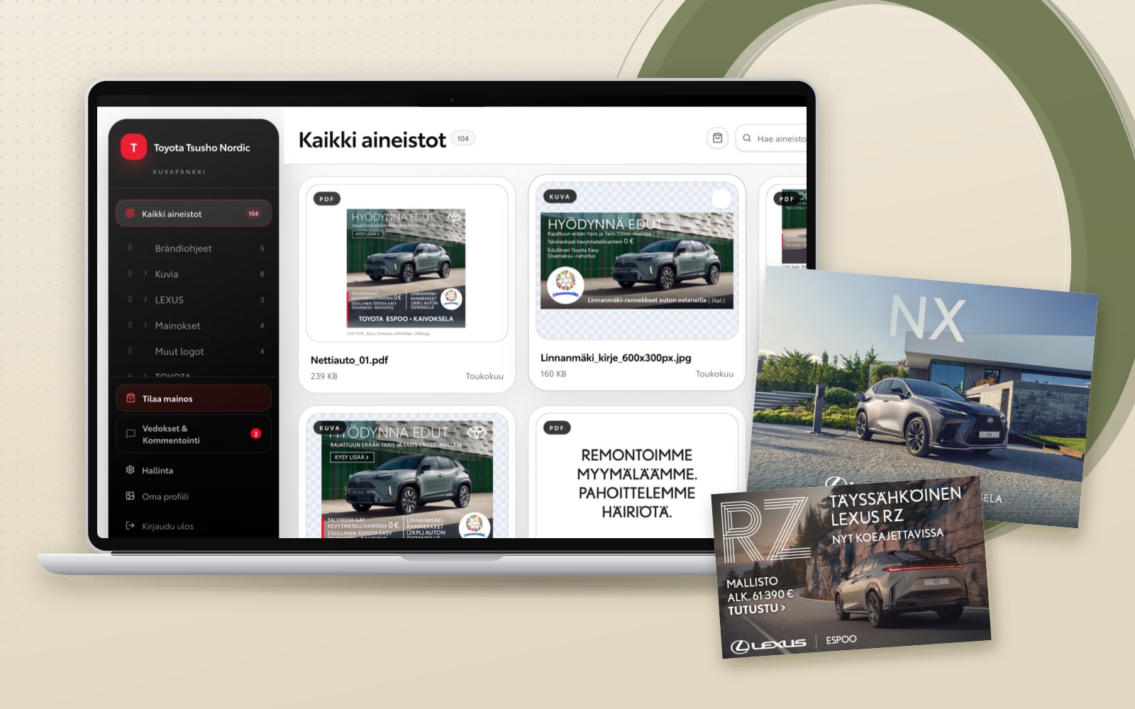 Toyota Tsusho Nordicin aineistopankki tietokoneella sekä Lexus-mainoksia
